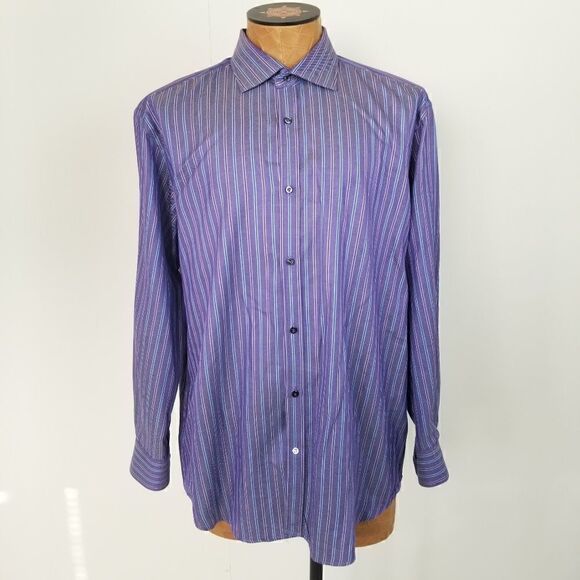 Robert Graham Mens Size 17.5 44 Purple Striped Button Down Shirt Long Sleeve - Picture 1 of 8